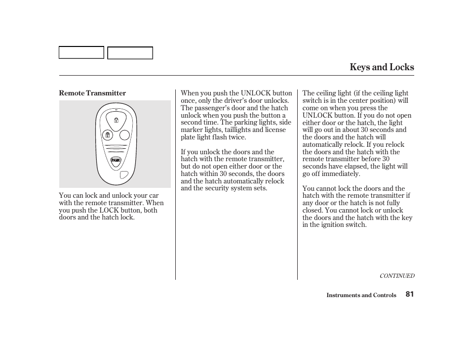 Keys and locks | Acura 2002 RSX - Owner's Manual User Manual | Page 84 / 320