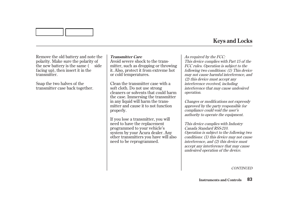 Keys and locks | Acura 2002 RSX - Owner's Manual User Manual | Page 86 / 320