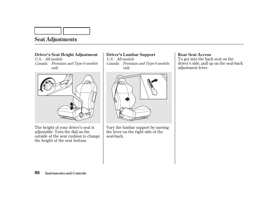 Seat adjustments | Acura 2002 RSX - Owner's Manual User Manual | Page 89 / 320