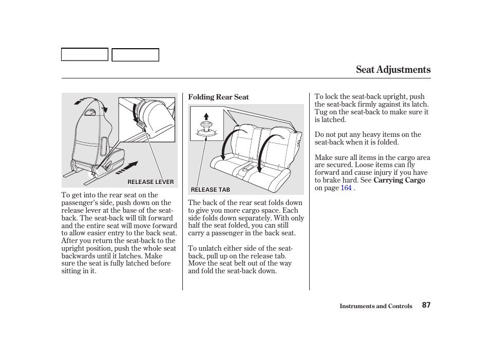 Seat adjustments | Acura 2002 RSX - Owner's Manual User Manual | Page 90 / 320