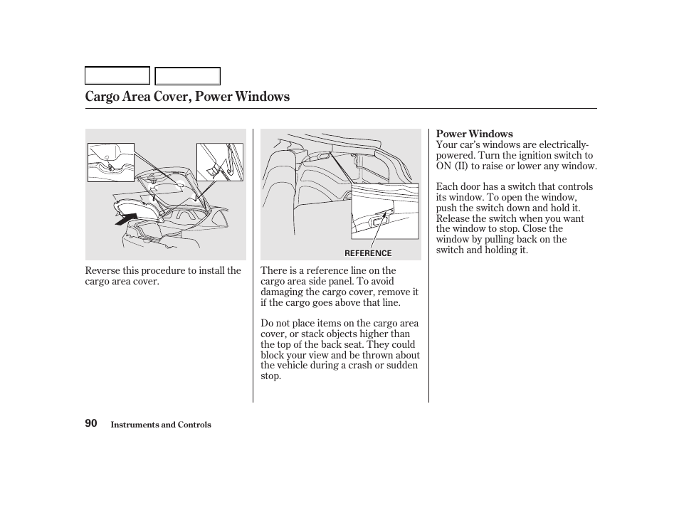 Cargo area cover, power windows | Acura 2002 RSX - Owner's Manual User Manual | Page 93 / 320