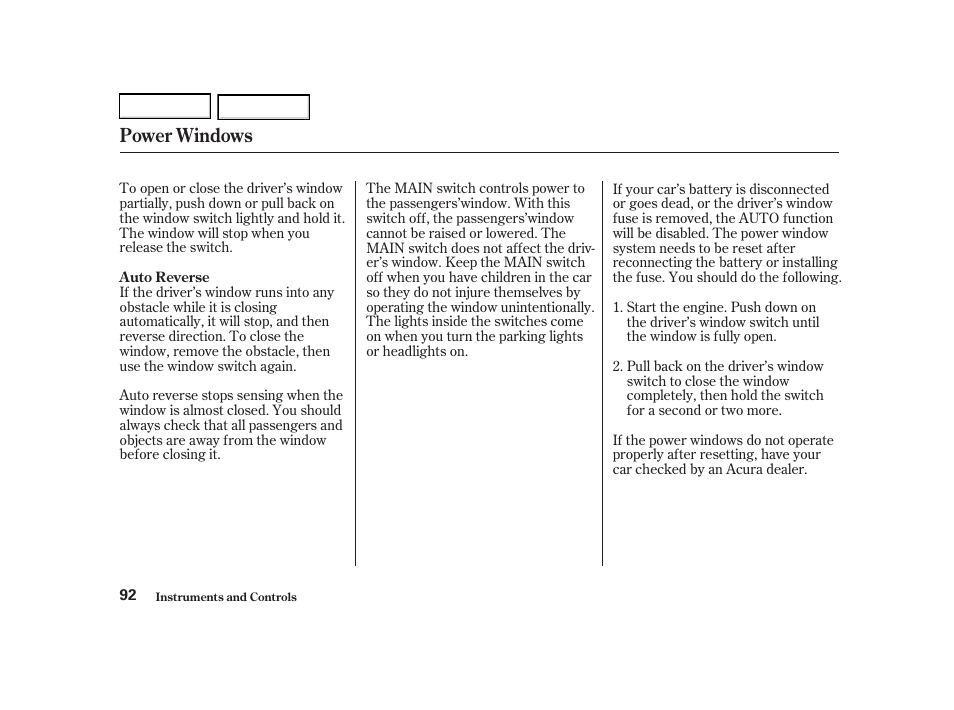 Power windows | Acura 2002 RSX - Owner's Manual User Manual | Page 95 / 320