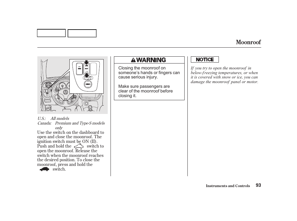 Moonroof | Acura 2002 RSX - Owner's Manual User Manual | Page 96 / 320