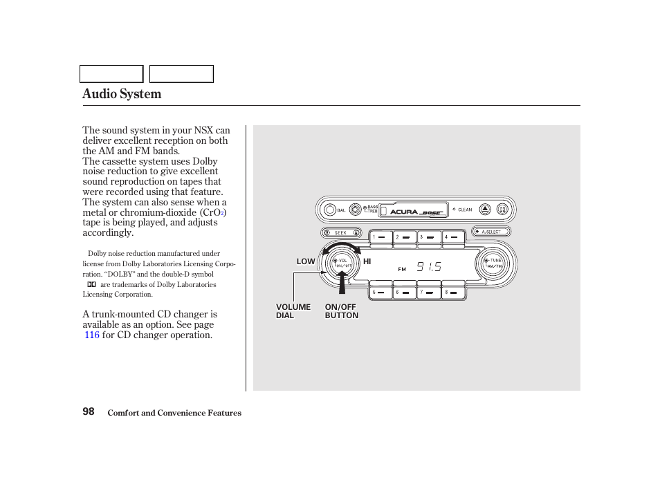 Audio system | Acura 2002 NSX - Owner's Manual User Manual | Page 101 / 301