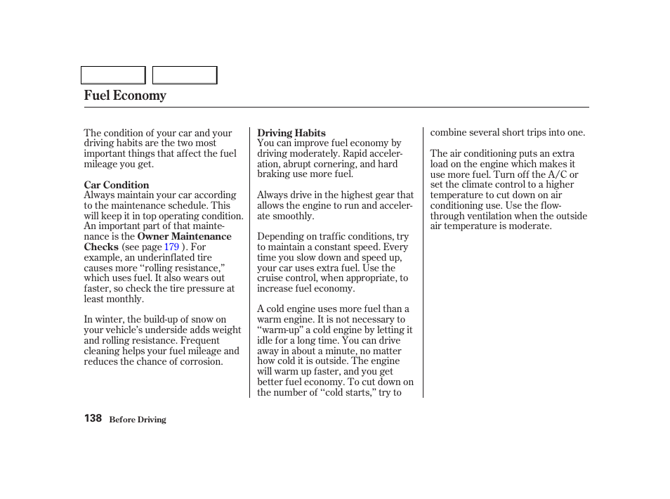 Fuel economy | Acura 2002 NSX - Owner's Manual User Manual | Page 141 / 301