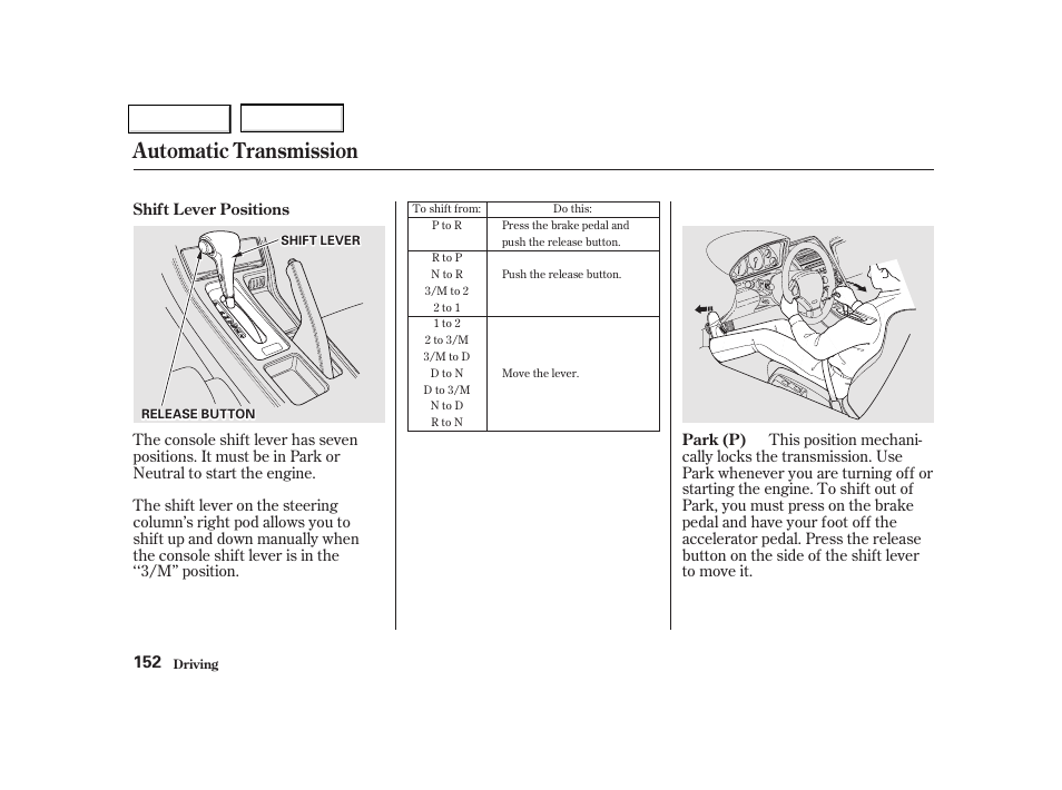 Automatic transmission | Acura 2002 NSX - Owner's Manual User Manual | Page 155 / 301