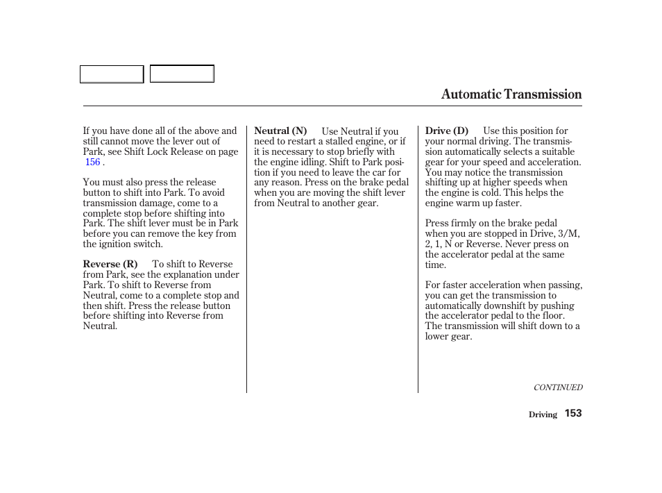 Automatic transmission | Acura 2002 NSX - Owner's Manual User Manual | Page 156 / 301