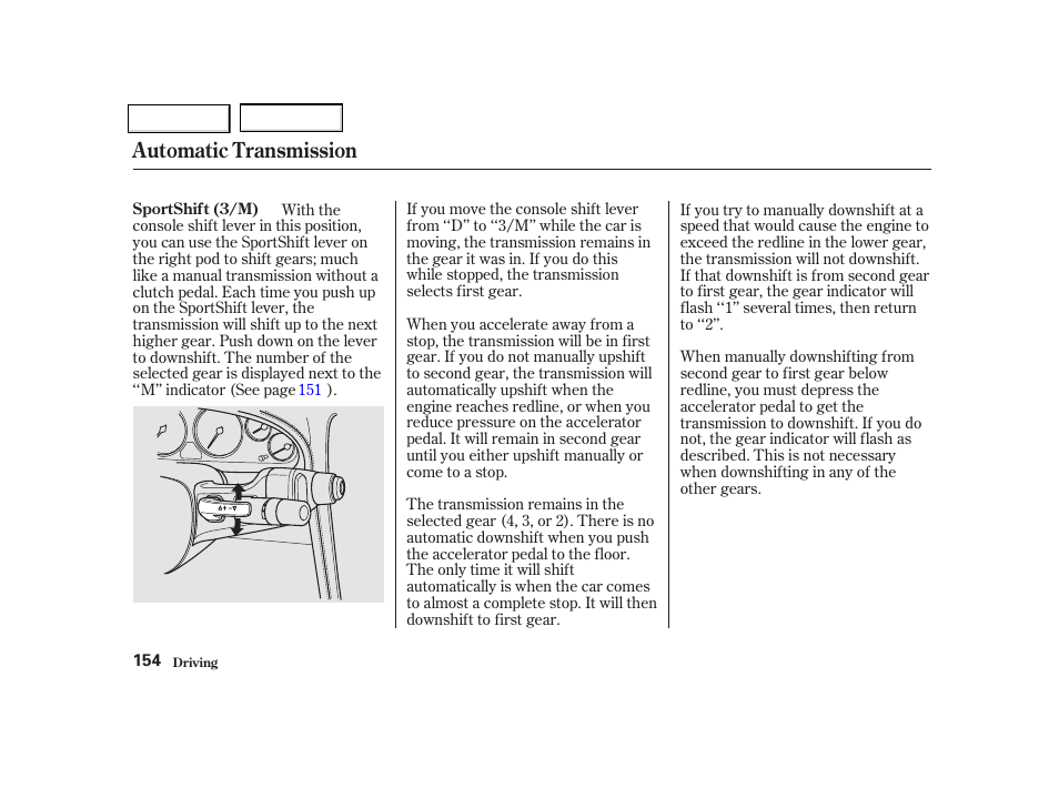 Automatic transmission | Acura 2002 NSX - Owner's Manual User Manual | Page 157 / 301