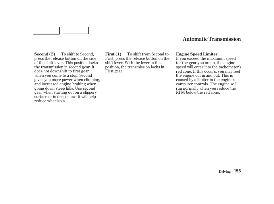 Automatic transmission | Acura 2002 NSX - Owner's Manual User Manual | Page 158 / 301