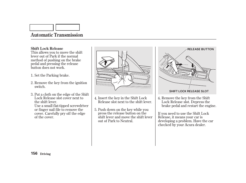 Automatic transmission | Acura 2002 NSX - Owner's Manual User Manual | Page 159 / 301