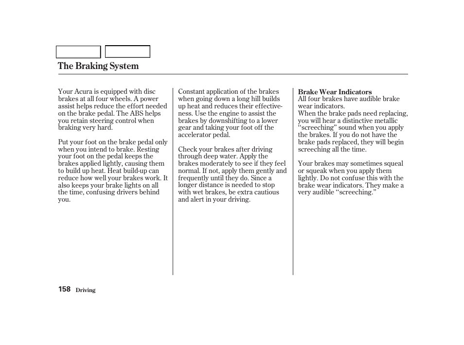 The braking system | Acura 2002 NSX - Owner's Manual User Manual | Page 161 / 301
