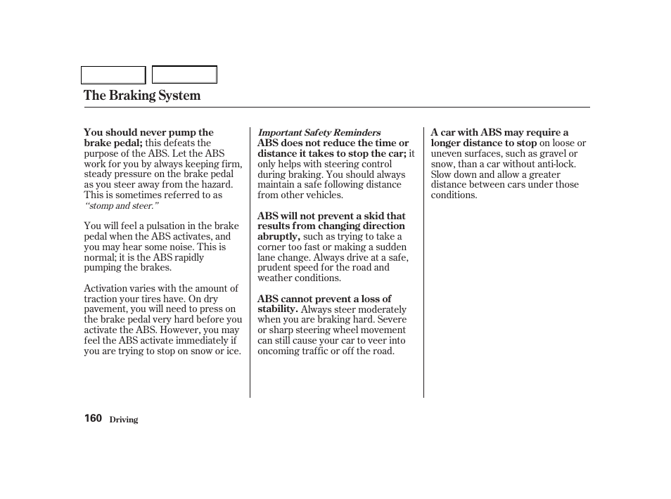 The braking system | Acura 2002 NSX - Owner's Manual User Manual | Page 163 / 301