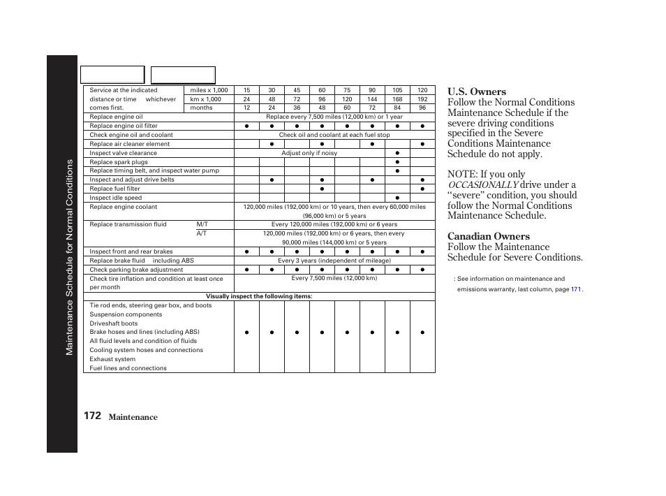 U.s. owners canadian owners, Occasionally | Acura 2002 NSX - Owner's Manual User Manual | Page 175 / 301