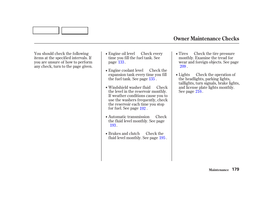 Owner maintenance checks | Acura 2002 NSX - Owner's Manual User Manual | Page 182 / 301