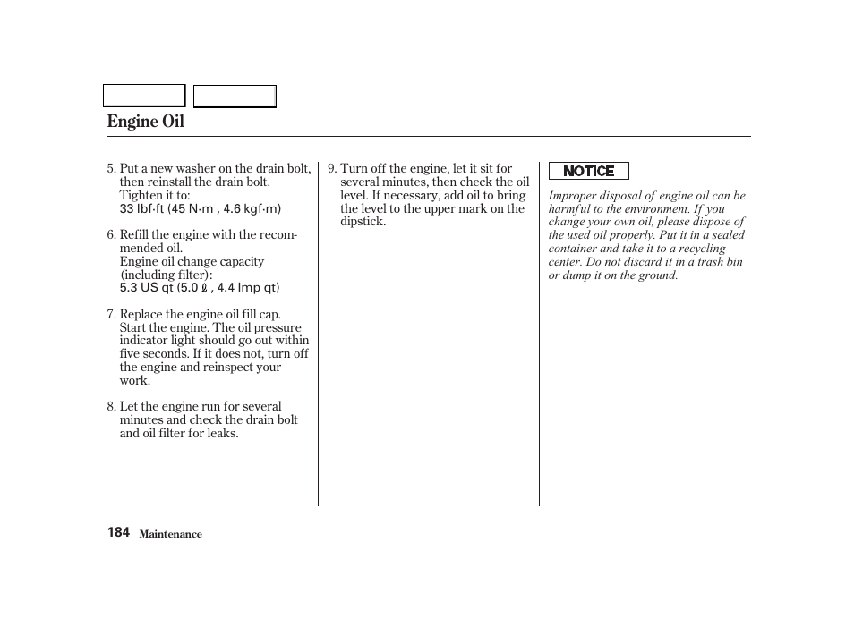 Engine oil | Acura 2002 NSX - Owner's Manual User Manual | Page 187 / 301