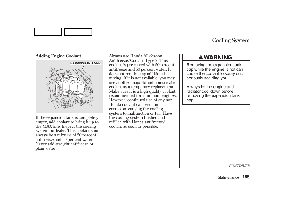 Cooling system | Acura 2002 NSX - Owner's Manual User Manual | Page 188 / 301