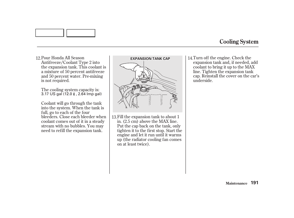 Cooling system | Acura 2002 NSX - Owner's Manual User Manual | Page 194 / 301