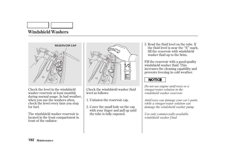 Windshield washers | Acura 2002 NSX - Owner's Manual User Manual | Page 195 / 301
