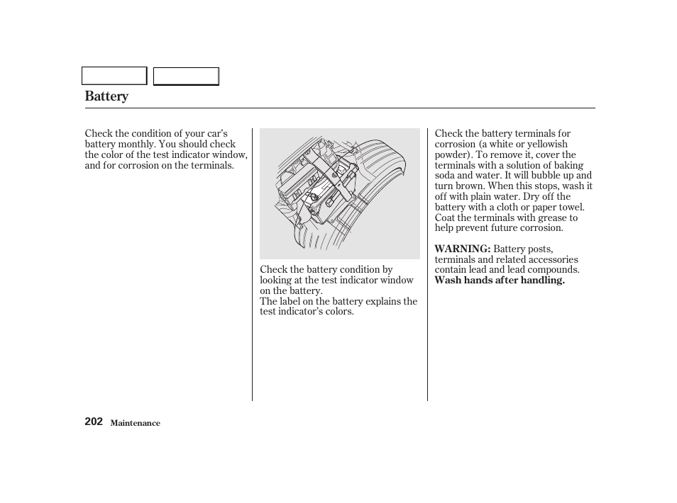 Battery | Acura 2002 NSX - Owner's Manual User Manual | Page 205 / 301