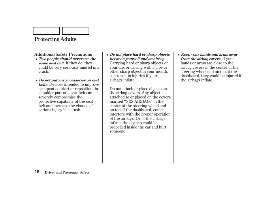 Protecting adults | Acura 2002 NSX - Owner's Manual User Manual | Page 21 / 301
