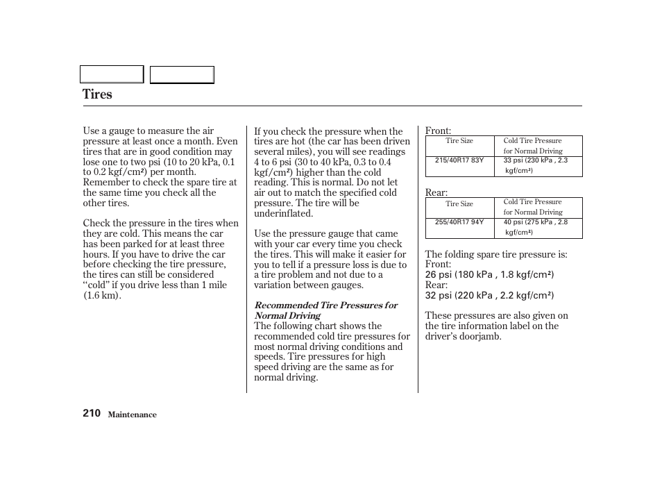 Tires | Acura 2002 NSX - Owner's Manual User Manual | Page 213 / 301