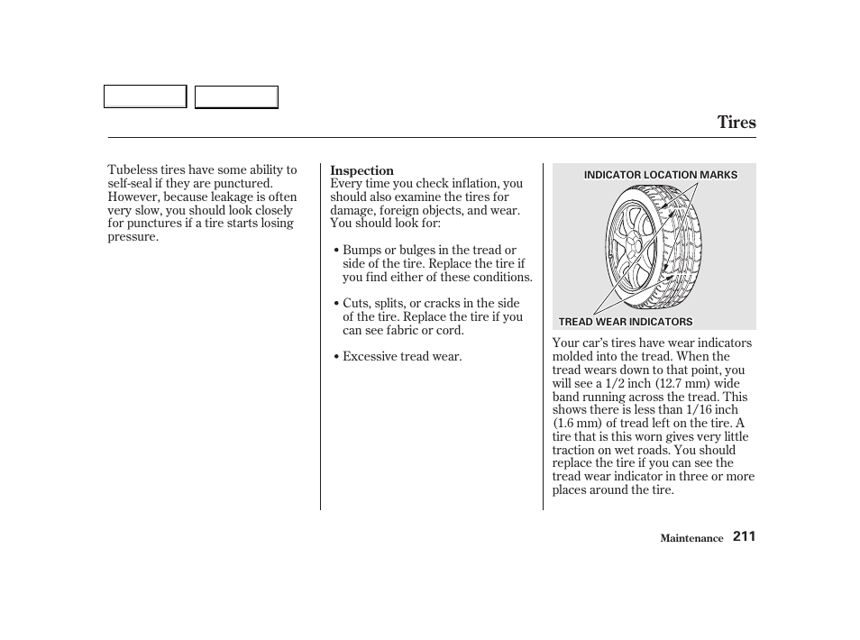 Tires | Acura 2002 NSX - Owner's Manual User Manual | Page 214 / 301