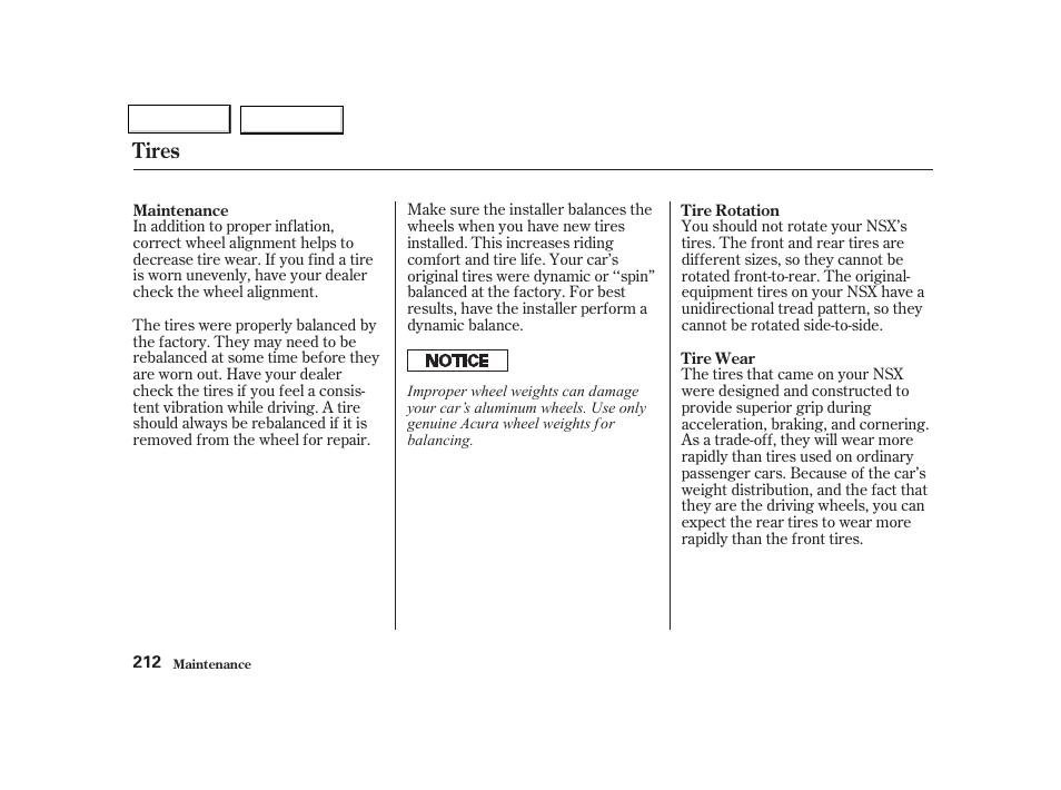 Tires | Acura 2002 NSX - Owner's Manual User Manual | Page 215 / 301