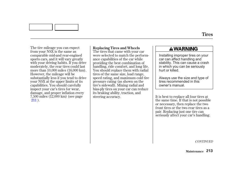 Tires | Acura 2002 NSX - Owner's Manual User Manual | Page 216 / 301