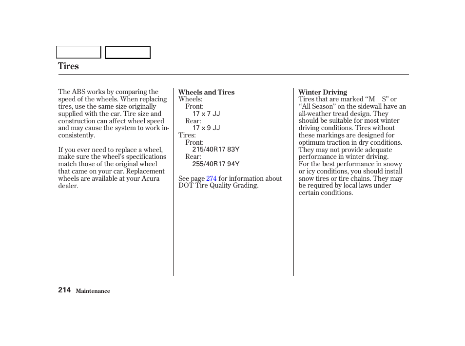 Tires | Acura 2002 NSX - Owner's Manual User Manual | Page 217 / 301