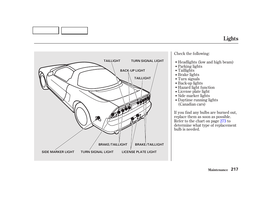 Lights | Acura 2002 NSX - Owner's Manual User Manual | Page 220 / 301