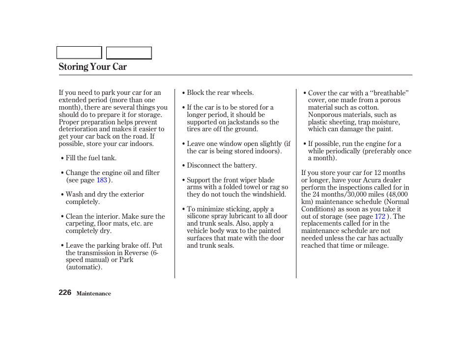 Storing your car | Acura 2002 NSX - Owner's Manual User Manual | Page 229 / 301