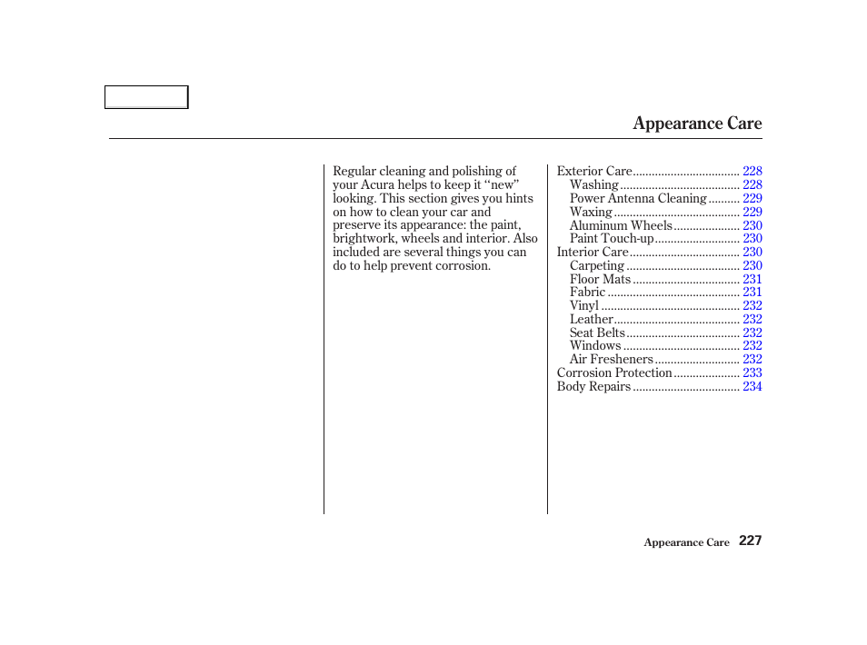Appearance care | Acura 2002 NSX - Owner's Manual User Manual | Page 230 / 301