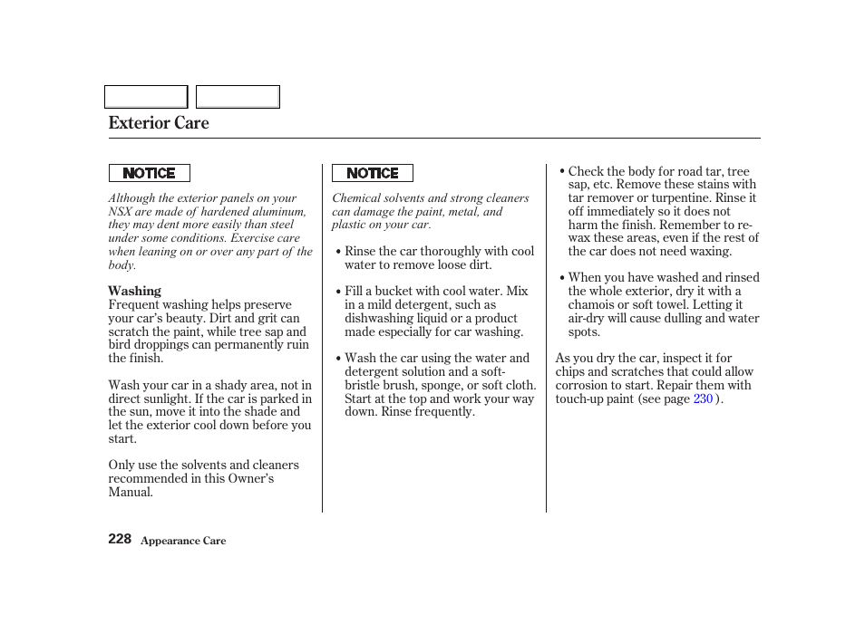 Exterior care | Acura 2002 NSX - Owner's Manual User Manual | Page 231 / 301
