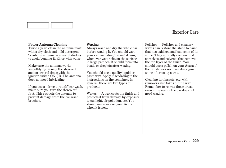 Exterior care | Acura 2002 NSX - Owner's Manual User Manual | Page 232 / 301