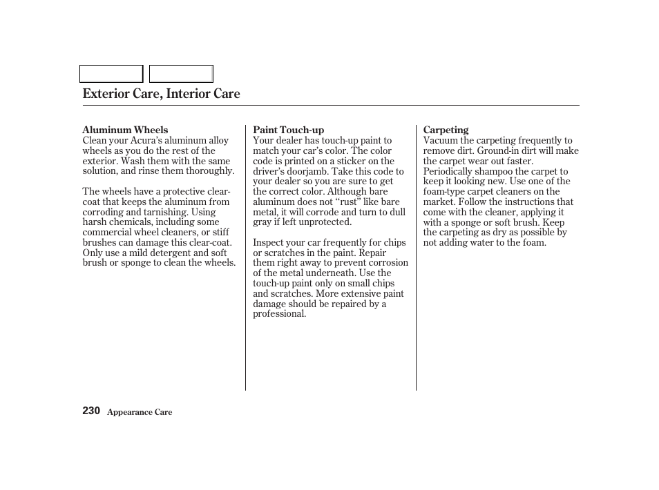 Exterior care, interior care | Acura 2002 NSX - Owner's Manual User Manual | Page 233 / 301