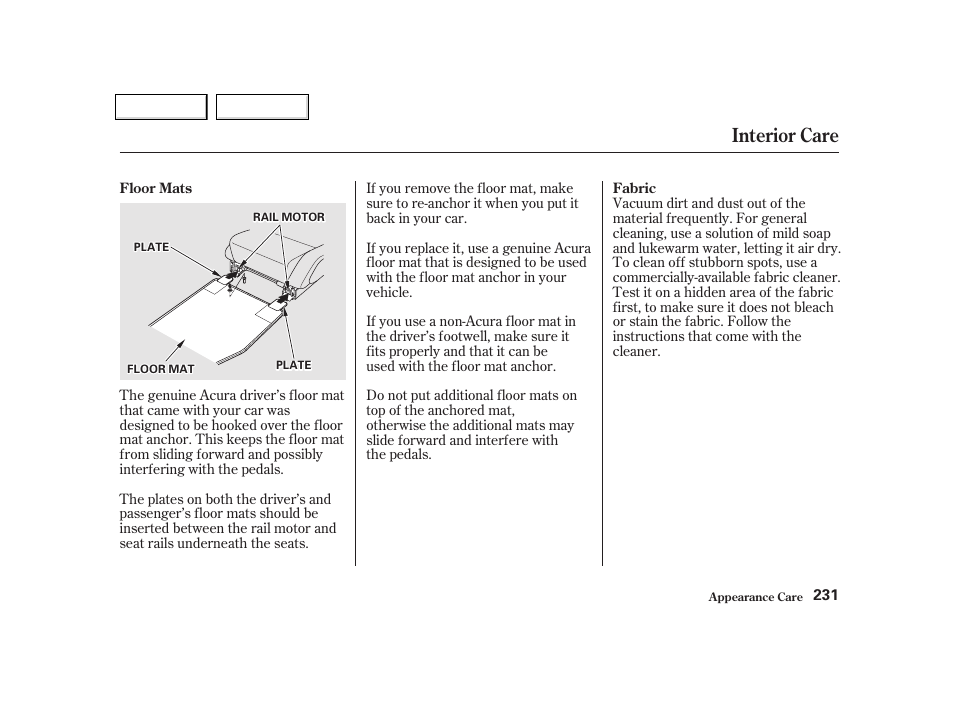 Interior care | Acura 2002 NSX - Owner's Manual User Manual | Page 234 / 301