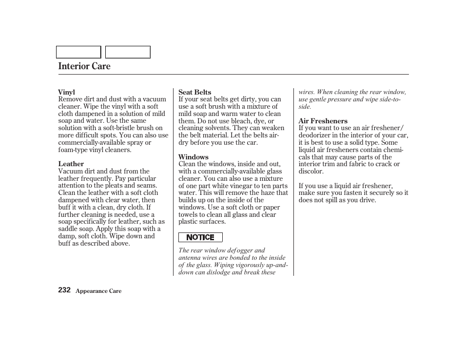 Interior care | Acura 2002 NSX - Owner's Manual User Manual | Page 235 / 301