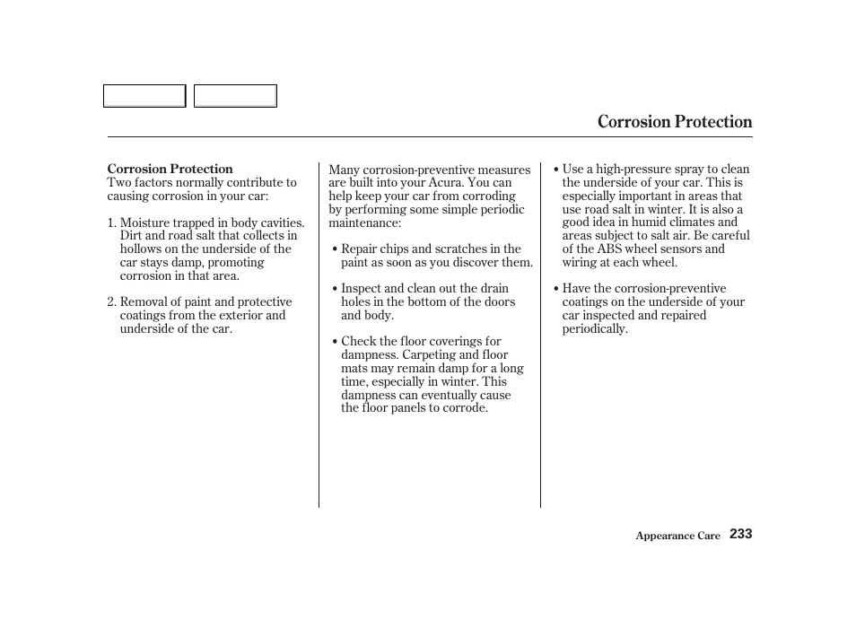 Corrosion protection | Acura 2002 NSX - Owner's Manual User Manual | Page 236 / 301