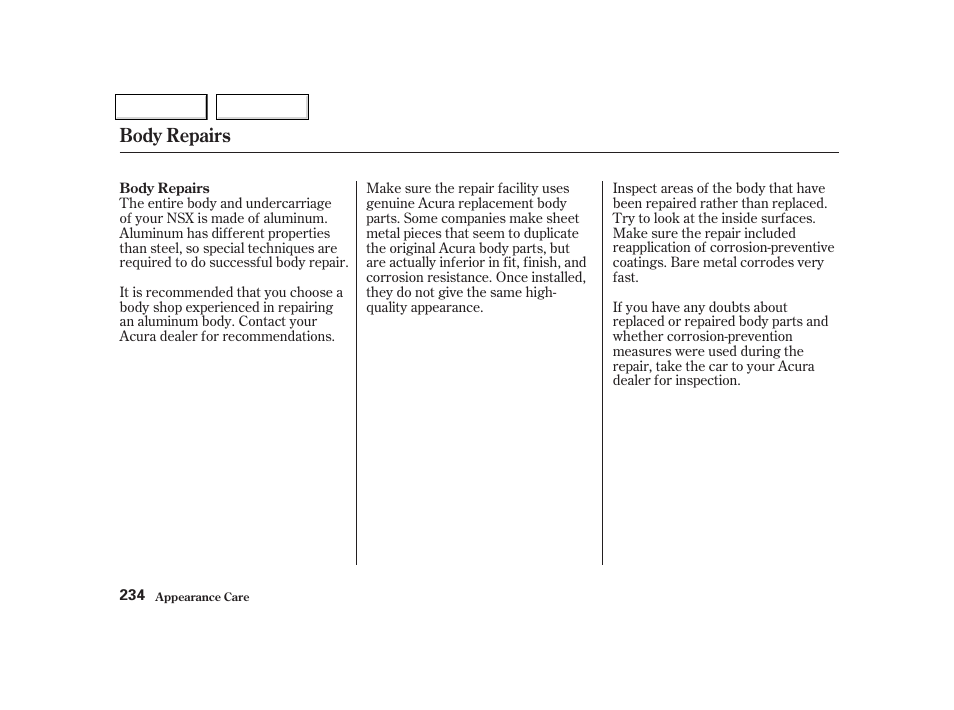 Body repairs | Acura 2002 NSX - Owner's Manual User Manual | Page 237 / 301