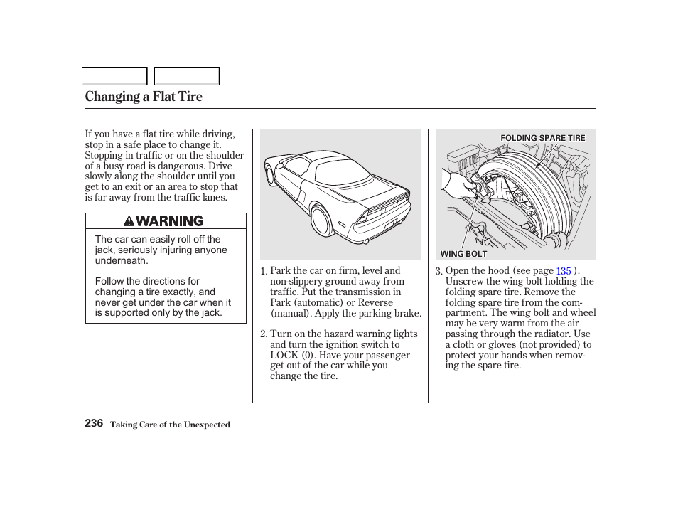 Changing a flat tire | Acura 2002 NSX - Owner's Manual User Manual | Page 239 / 301
