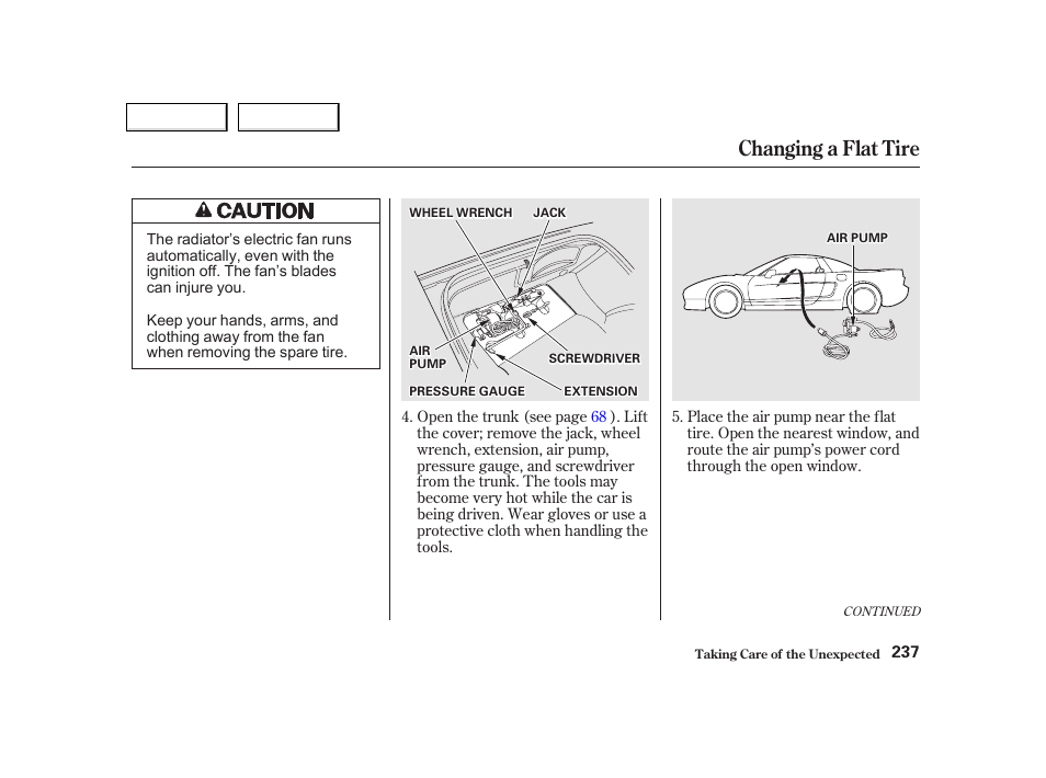 Changing a flat tire | Acura 2002 NSX - Owner's Manual User Manual | Page 240 / 301