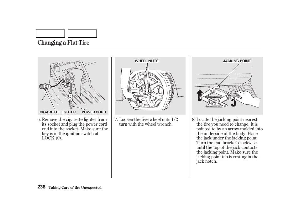 Changing a flat tire | Acura 2002 NSX - Owner's Manual User Manual | Page 241 / 301