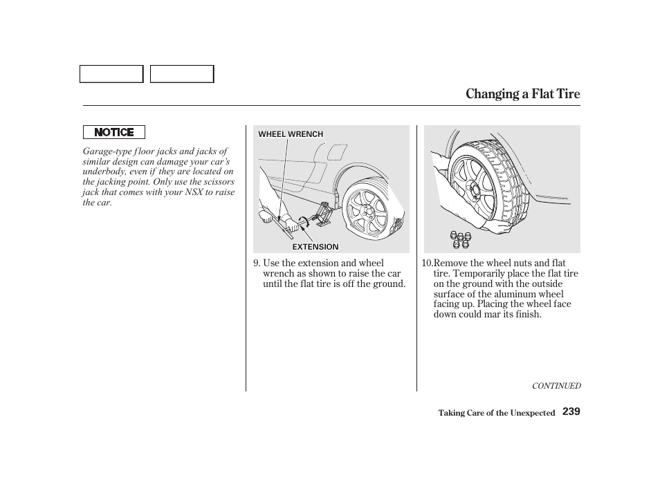 Changing a flat tire | Acura 2002 NSX - Owner's Manual User Manual | Page 242 / 301