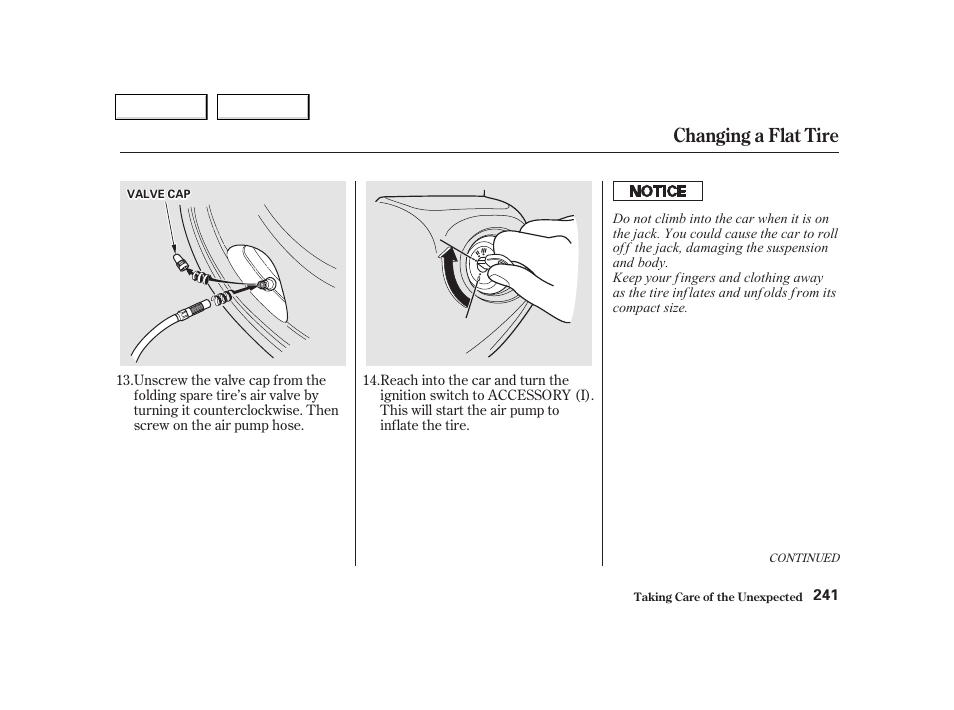 Changing a flat tire | Acura 2002 NSX - Owner's Manual User Manual | Page 244 / 301