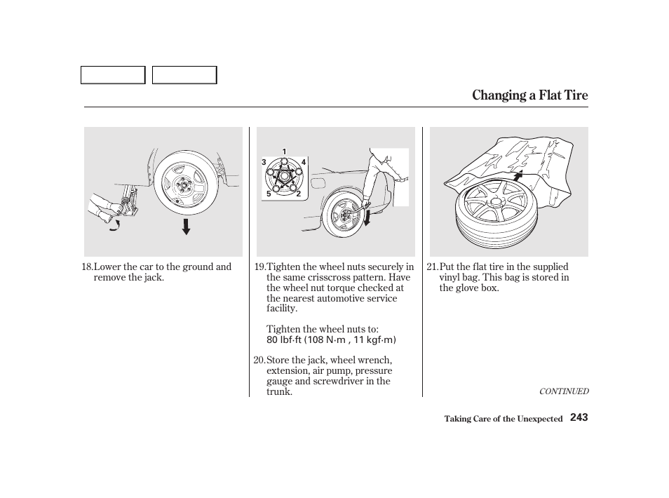 Changing a flat tire | Acura 2002 NSX - Owner's Manual User Manual | Page 246 / 301