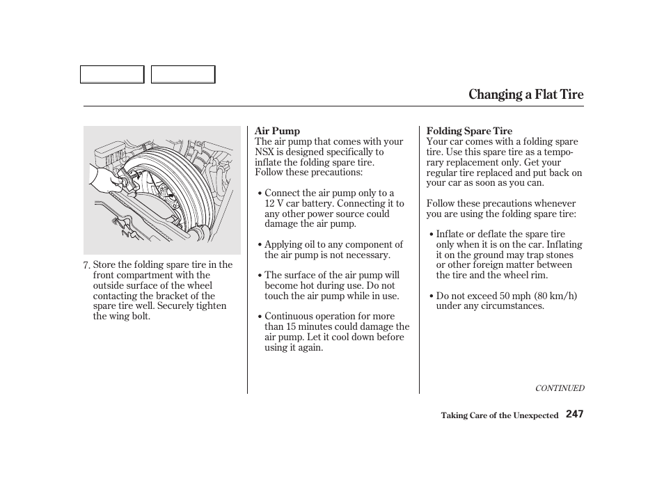 Changing a flat tire | Acura 2002 NSX - Owner's Manual User Manual | Page 250 / 301