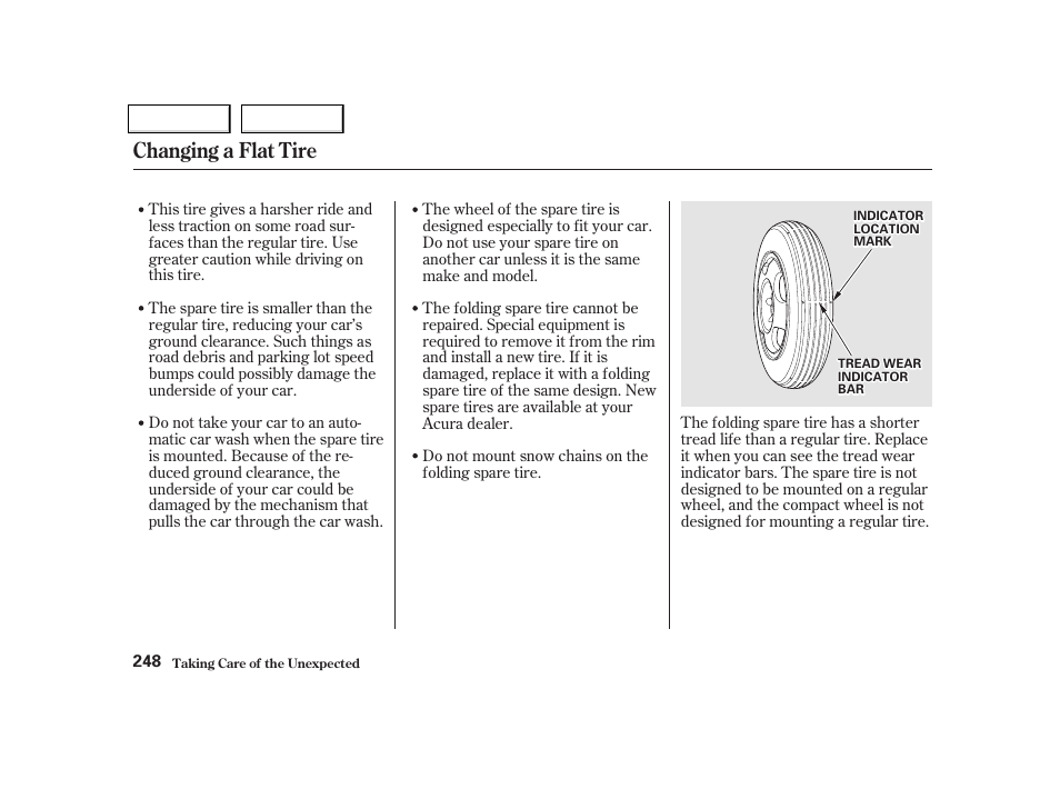 Changing a flat tire | Acura 2002 NSX - Owner's Manual User Manual | Page 251 / 301