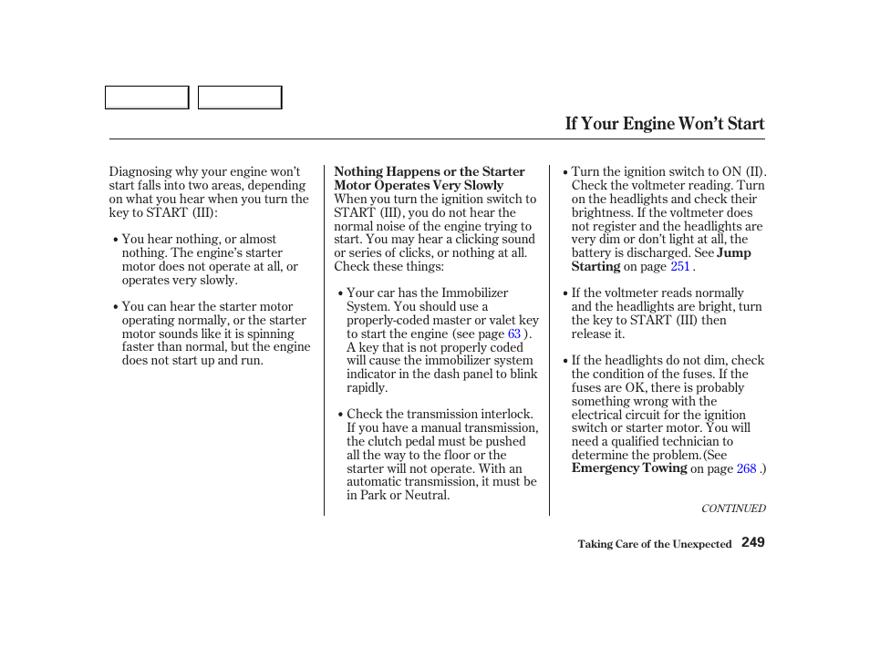 If your engine won’t start | Acura 2002 NSX - Owner's Manual User Manual | Page 252 / 301