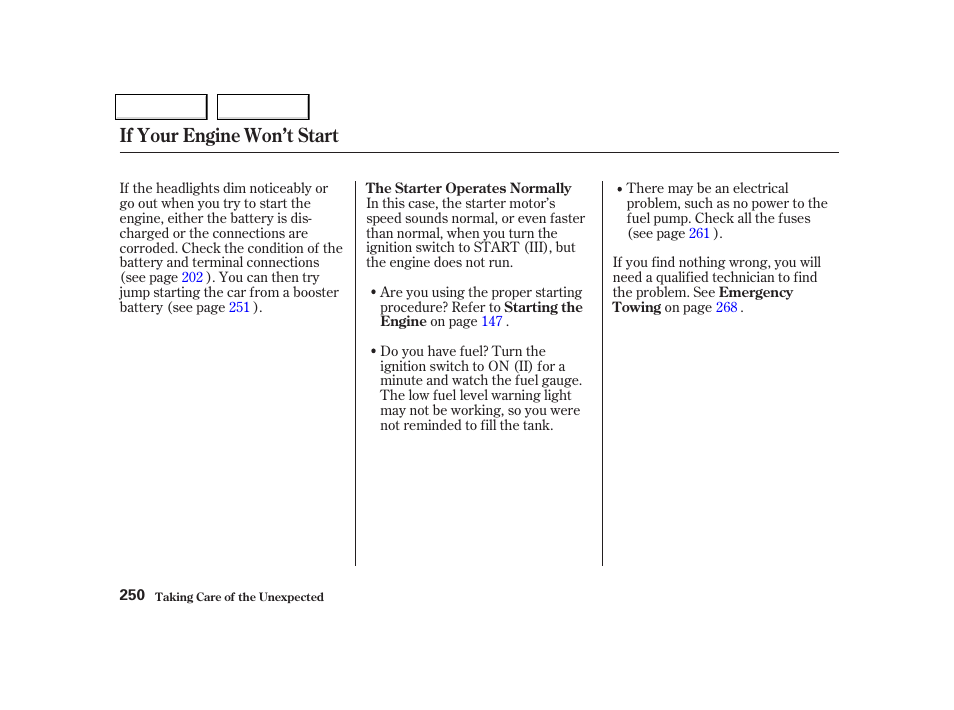 If your engine won’t start | Acura 2002 NSX - Owner's Manual User Manual | Page 253 / 301