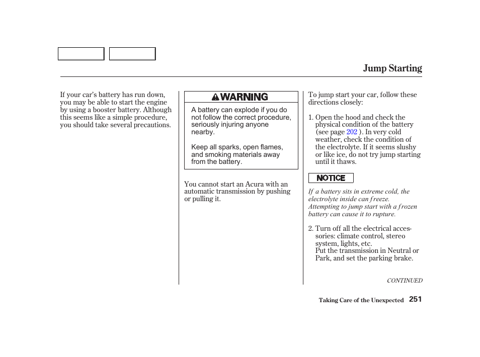 Jump starting | Acura 2002 NSX - Owner's Manual User Manual | Page 254 / 301